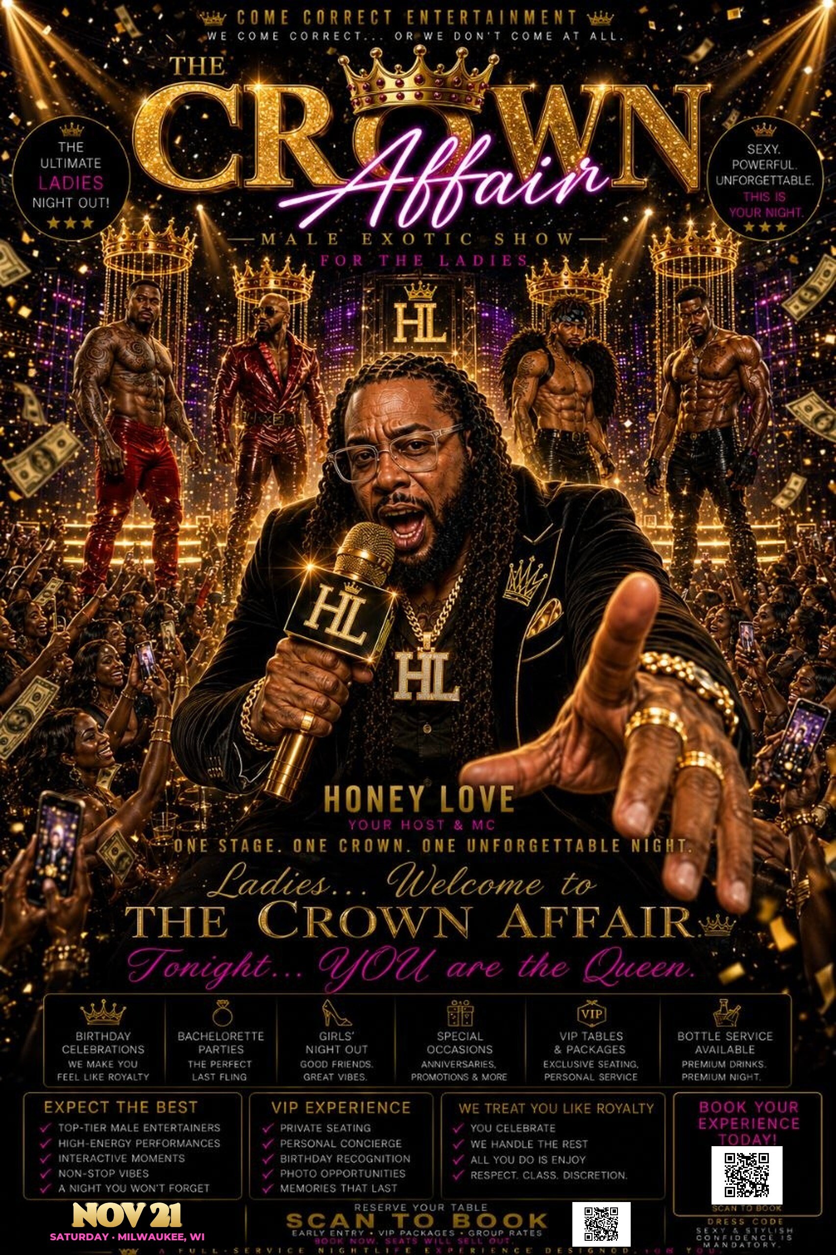 The Crown Affair Milwaukee flyer — Honey Love on stage, Sat Nov 21